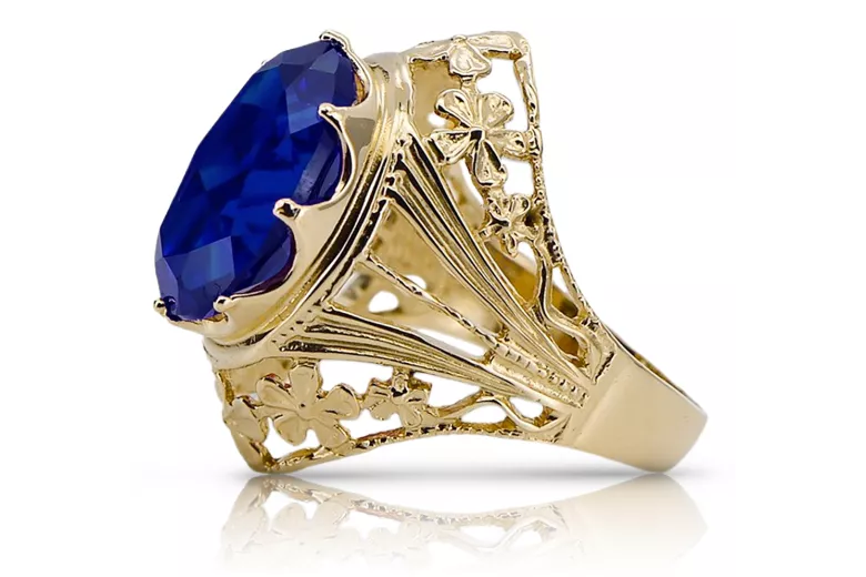 Sapphire 8 كارت من الذهب الأصفر خاتم حرف يدوية فينتاج vrc031x-sp Art Deco أسلوب مجوهرات فينتاج روسي سوفيتي من اتحاد الجمهوريات ا